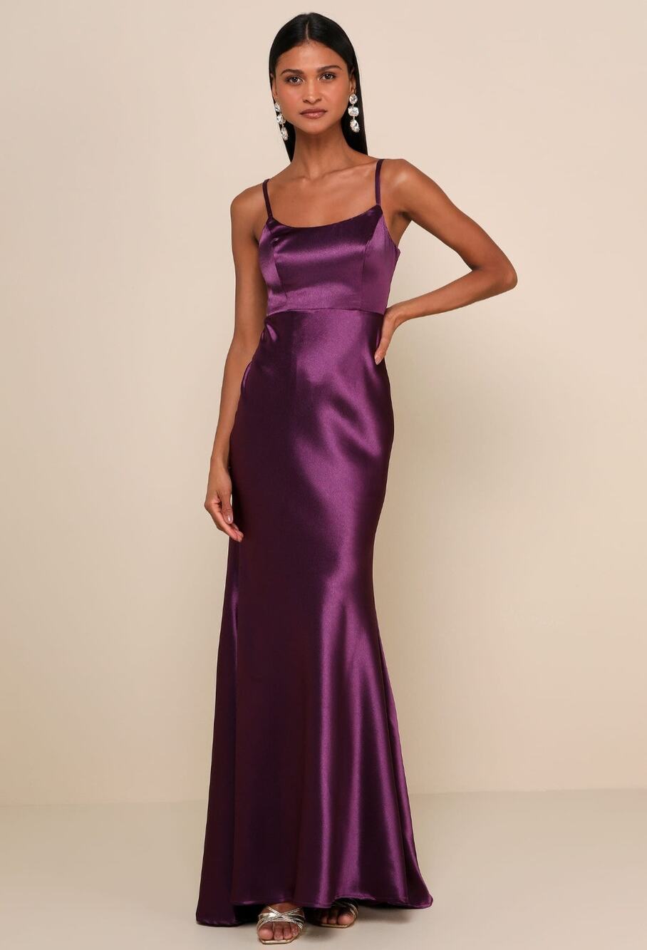 NWT Lulus Make You Shine Dark Purple Satin Mermaid Maxi Dress Small